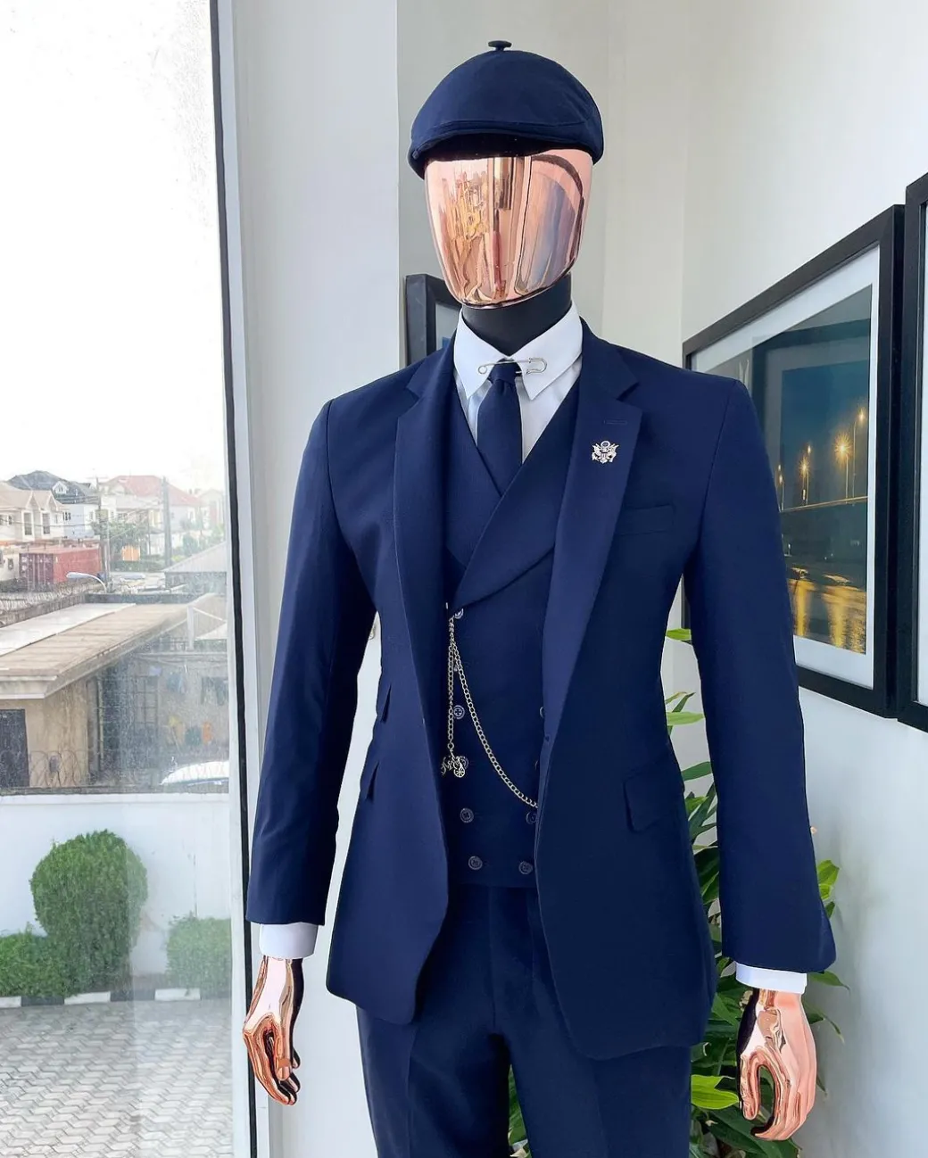 A “peaky blinders” navy blue, tiny square patterned – Jorgecarli super 140’s- “Board Room” suit