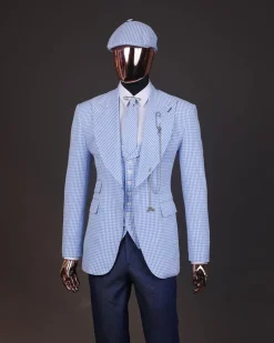 A “peaky blinders” skye blue and white check, seer sucker fabric, knitted, peak lapel suit