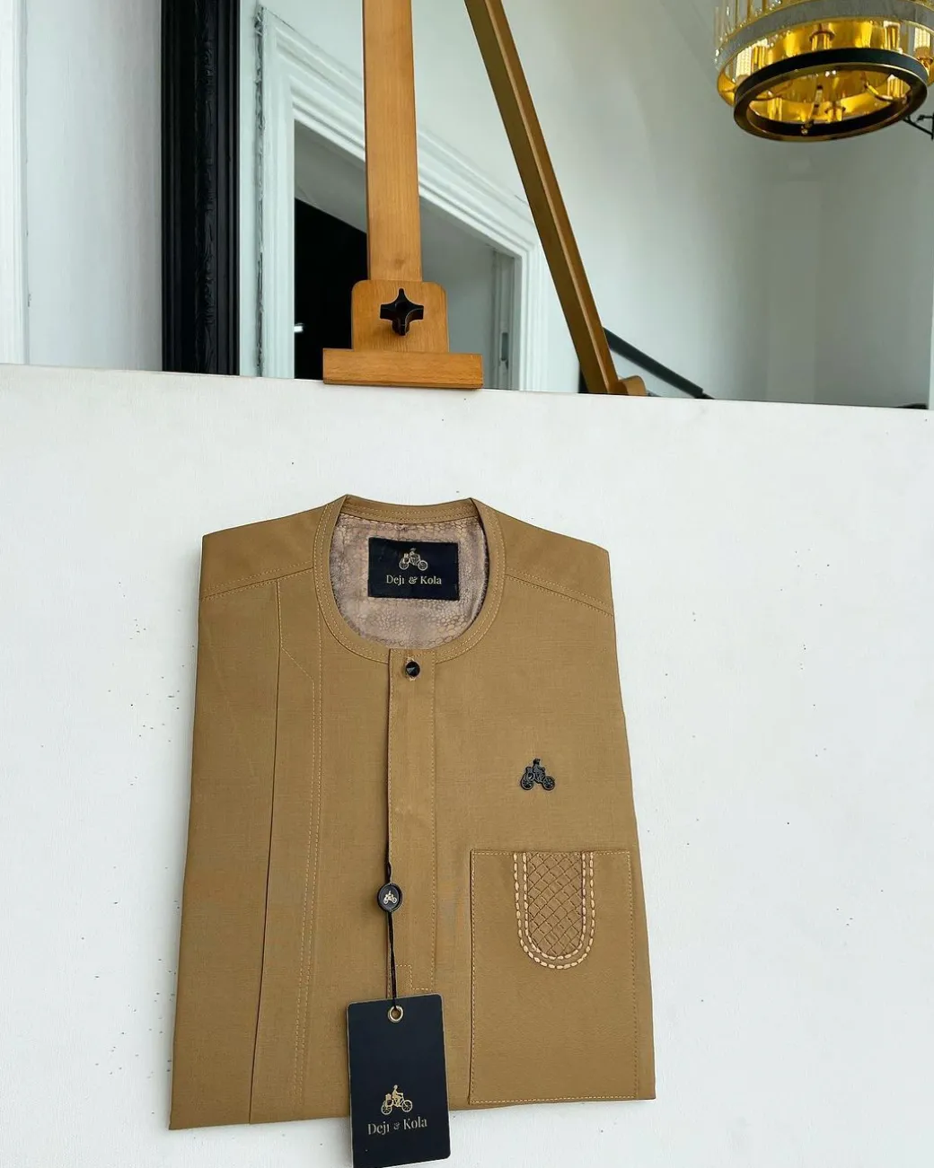 A Peanut Brown, embroidery patch pocket, vertical flap with Swarovski button detailing African traditional senator kaftan native.