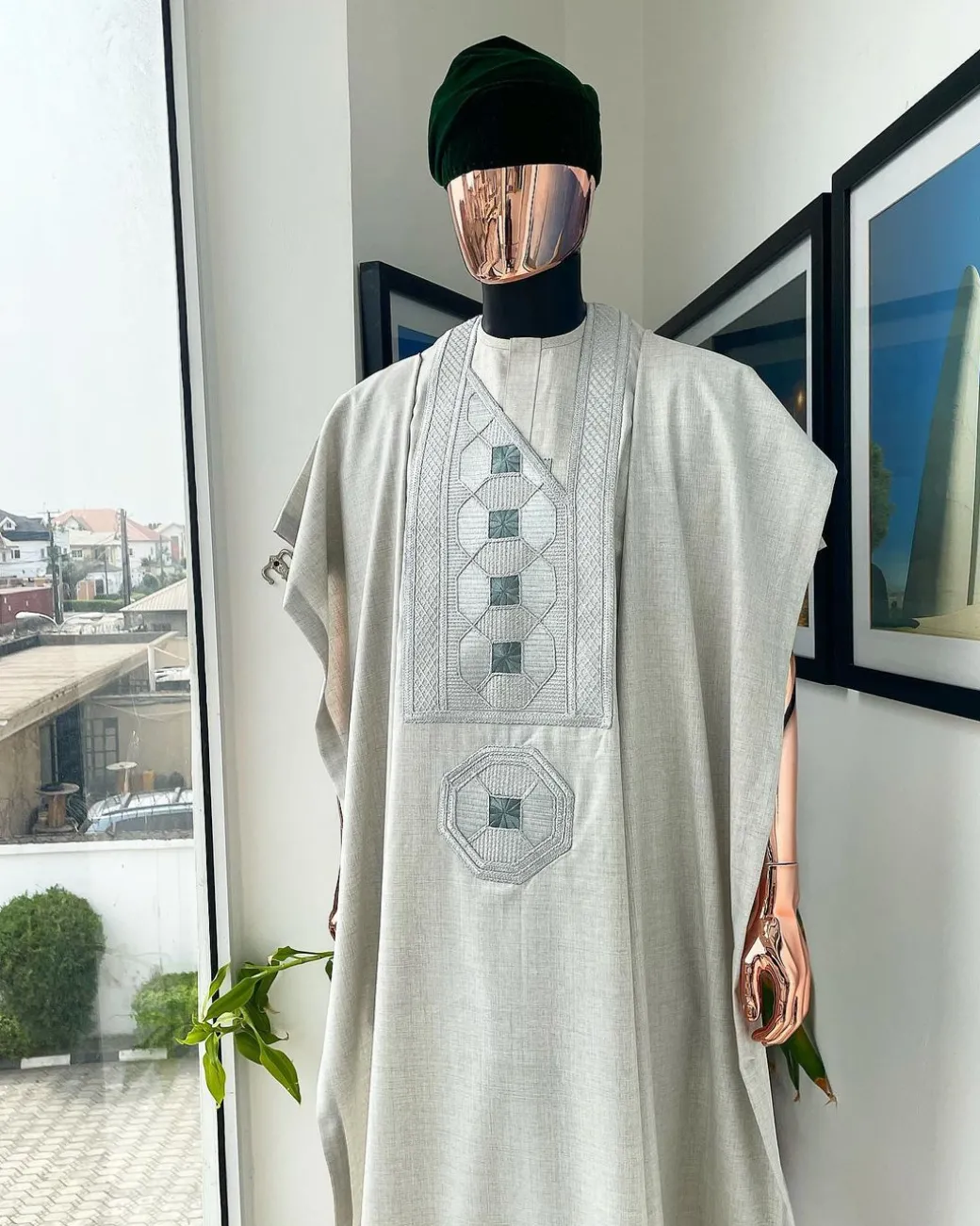 A Pearl ivory, interwoven octagon embroidery design agbada