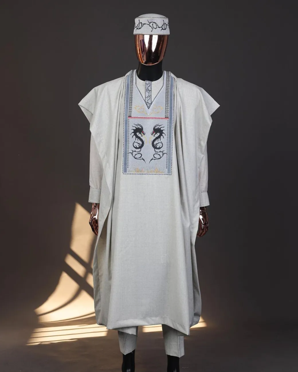 A Pearl River Grey, House Of Dragon Embroidery Details Agbada