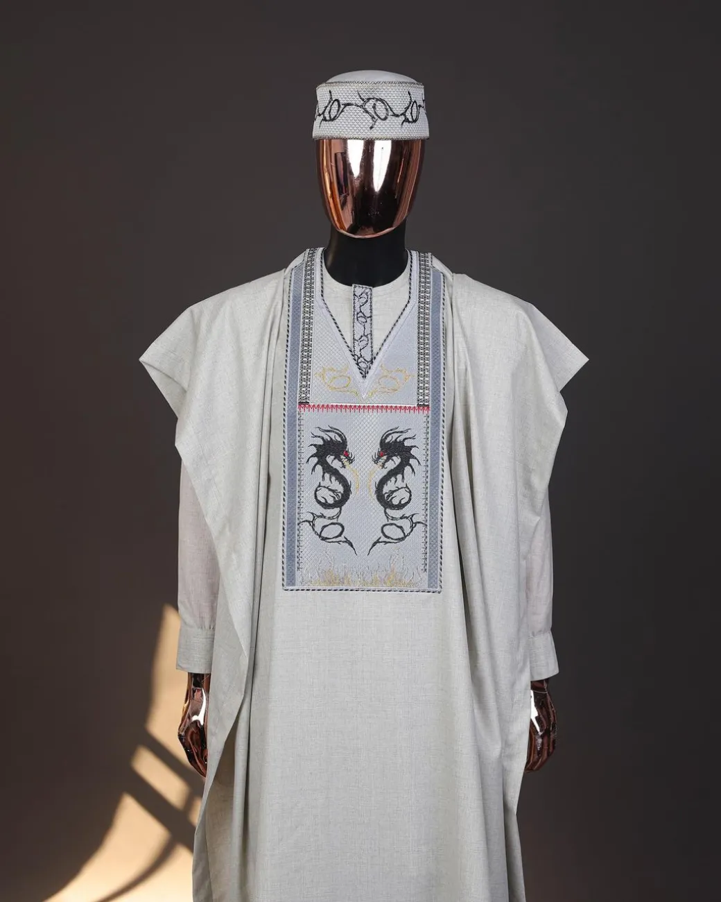 A Pearl River Grey, House Of Dragon Embroidery Details Agbada