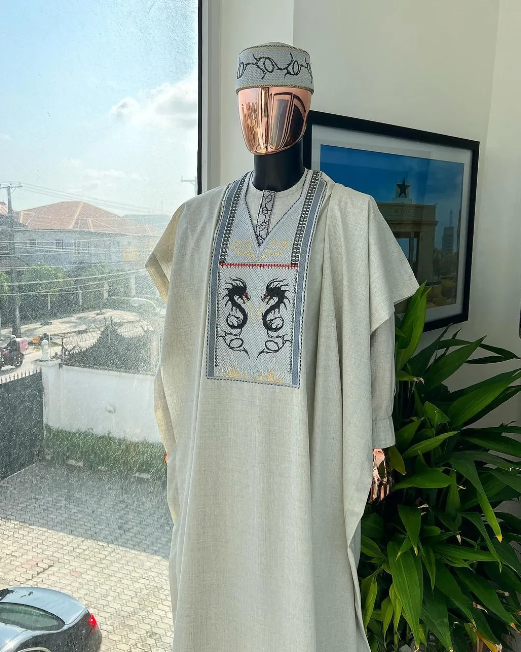 A Pearl River Grey, House Of Dragon Embroidery Details Agbada