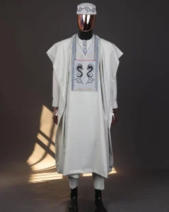 A Pearl River Grey, House Of Dragon Embroidery Details Agbada