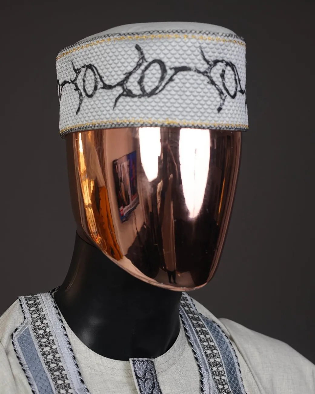 A Pearl River Grey, House Of Dragon Embroidery Details Agbada