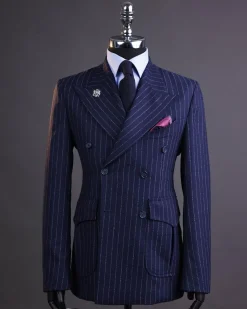A Pencil stripe and navy blue – Jorgecarli – peak lapel double breasted suit