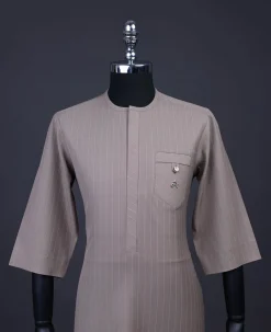 A pencil stripe, Brown, Front flap, combat patch pocket, 3/4 sleeve details African senator kaftan native.