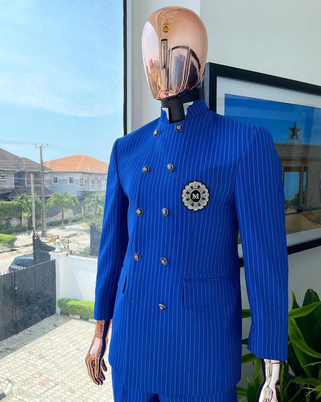 A pencil stripe cobalt & sky blue “preacher” double breasted safari suit