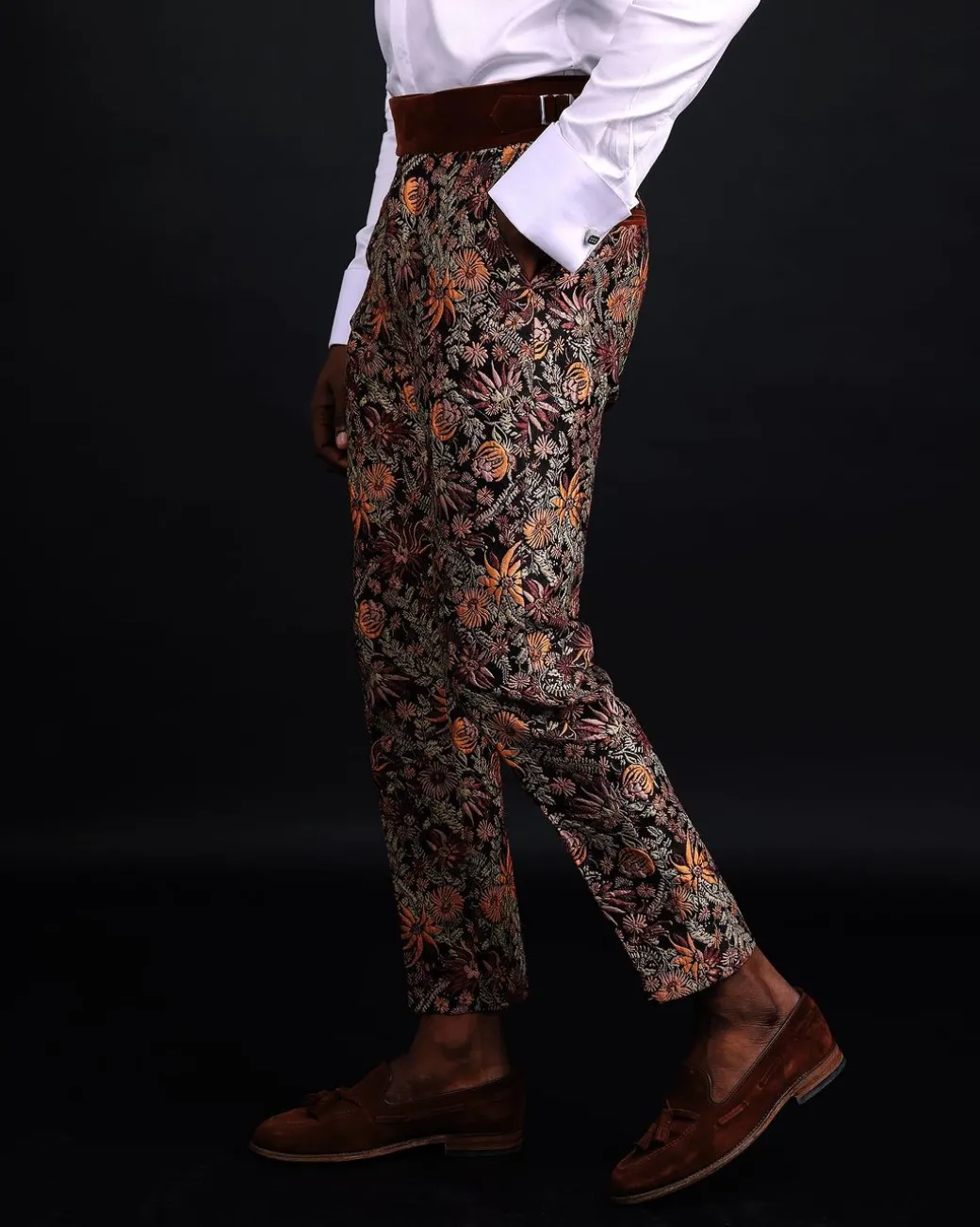 A pencil-cut, brown-mix metallic floral jacquard side strap with metal adjuster pant