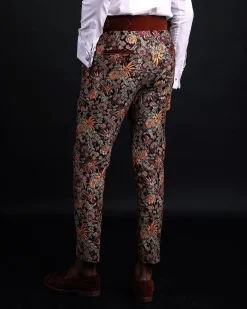 A pencil-cut, brown-mix metallic floral jacquard side strap with metal adjuster pant