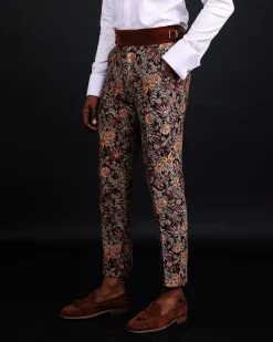 A pencil-cut, brown-mix metallic floral jacquard side strap with metal adjuster pant