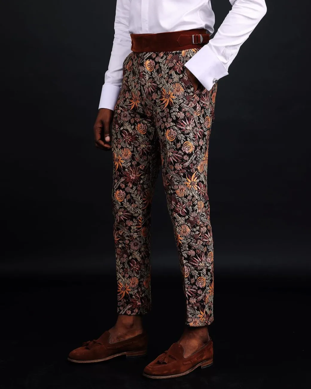 A pencil-cut, brown-mix metallic floral jacquard side strap with metal adjuster pant