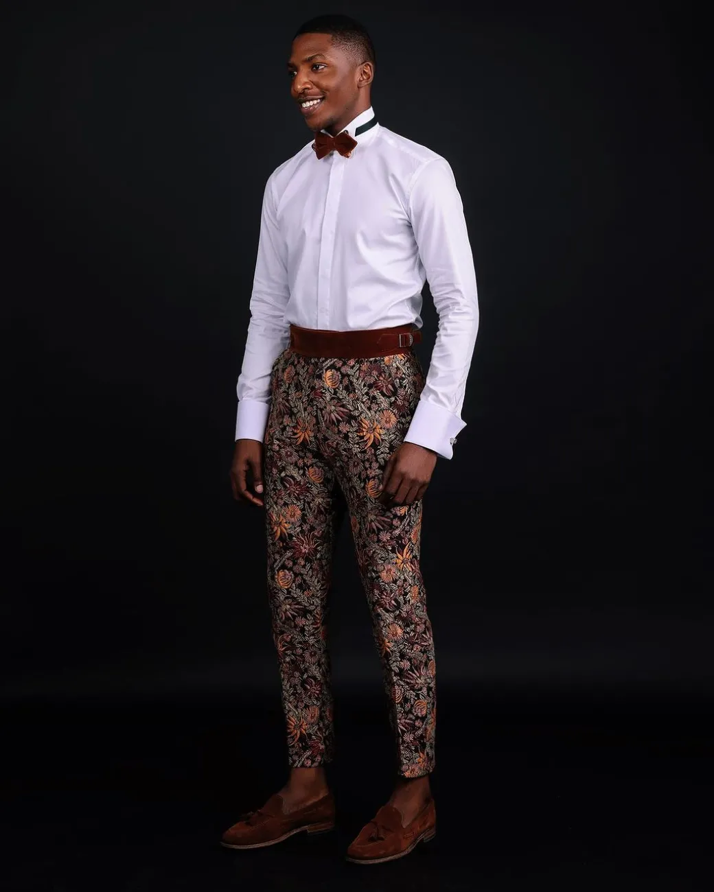 A pencil-cut, brown-mix metallic floral jacquard side strap with metal adjuster pant