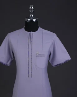 A periwinkle purple, zip line, paisley details, short sleeve African senator kaftan native.