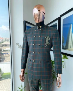 A phthalo green and clay orange windowpane check “preacher” double breasted safari suit