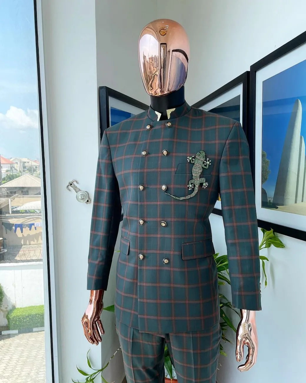 A phthalo green and clay orange windowpane check “preacher” double breasted safari suit