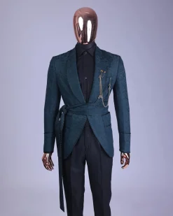 A Phythalo Green, Floral Patterned Shawl Lapel, Single Button Smoking Tuxedo Suit