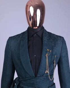 A Phythalo Green, Floral Patterned Shawl Lapel, Single Button Smoking Tuxedo Suit