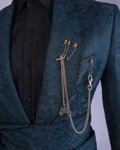 A Phythalo Green, Floral Patterned Shawl Lapel, Single Button Smoking Tuxedo Suit