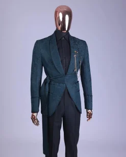 A Phythalo Green, Floral Patterned Shawl Lapel, Single Button Smoking Tuxedo Suit