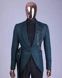 A Phythalo Green, Floral Patterned Shawl Lapel, Single Button Smoking Tuxedo Suit