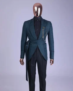 A Phythalo Green, Floral Patterned Shawl Lapel, Single Button Smoking Tuxedo Suit