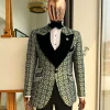 A Pine, pistachio green and black mix metallic jacquard, peak lapel tuxedo suit