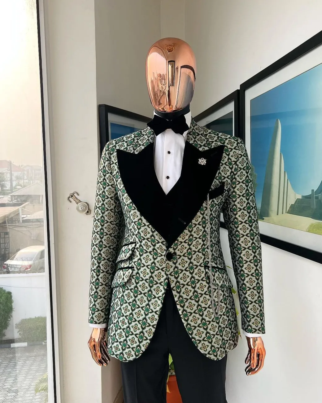 A Pine, pistachio green and black mix metallic jacquard, peak lapel tuxedo suit