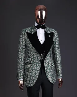A Pine, pistachio green and black mix metallic jacquard, peak lapel tuxedo suit
