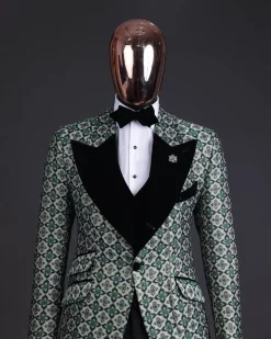 A Pine, pistachio green and black mix metallic jacquard, peak lapel tuxedo suit