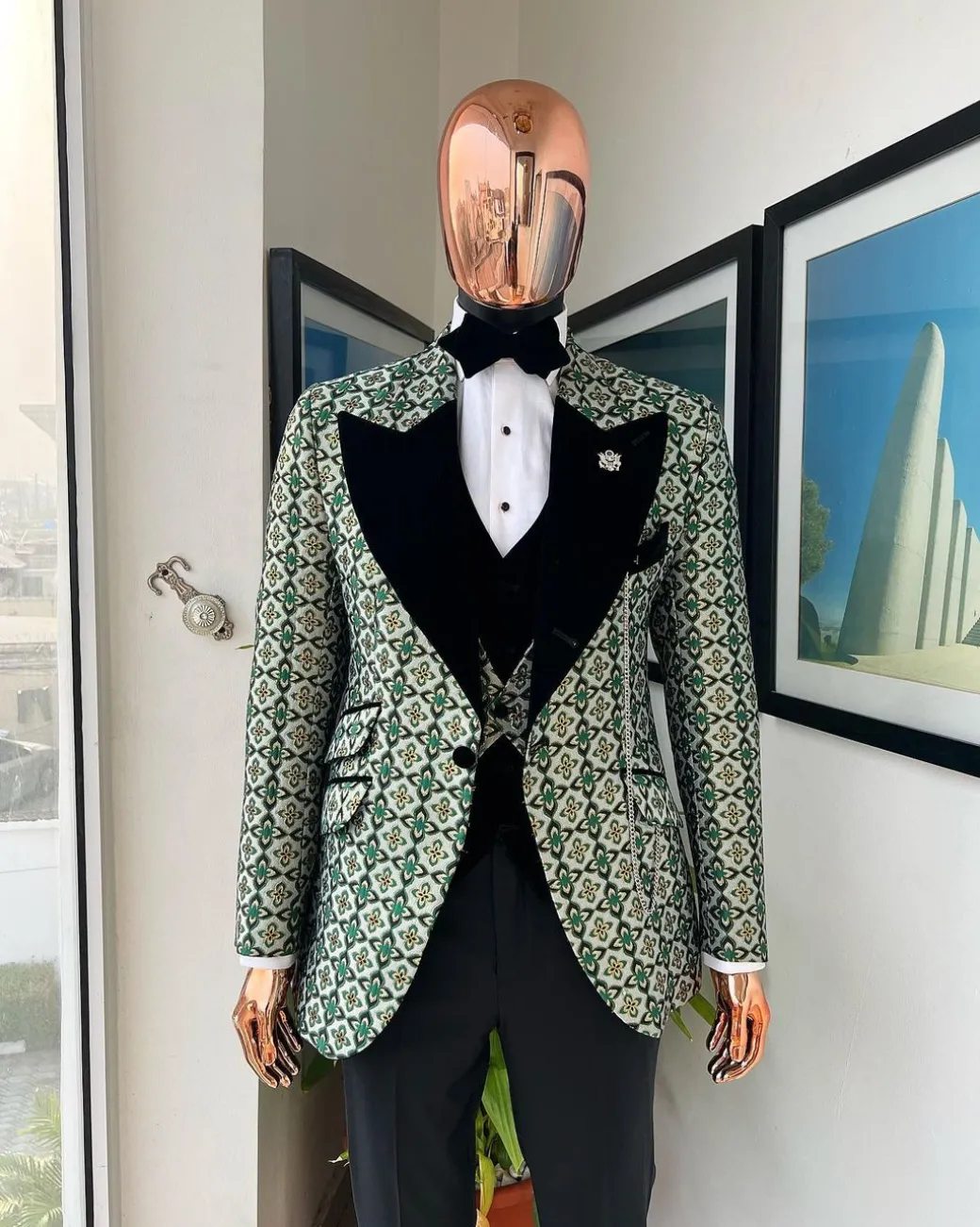A Pine, pistachio green and black mix metallic jacquard, peak lapel tuxedo suit