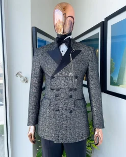 A “pirate” metallic jacquard, layered double breasted, 10 buttons, peak lapel tuxedo suit