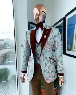 A pistachio green, pink and brown floral metallic jacquard tuxedo suit