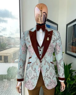 A pistachio green, pink and brown floral metallic jacquard tuxedo suit