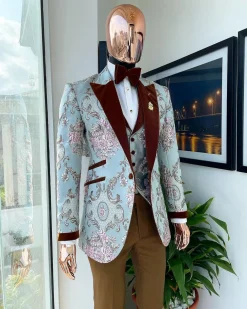 A pistachio green, pink and brown floral metallic jacquard tuxedo suit