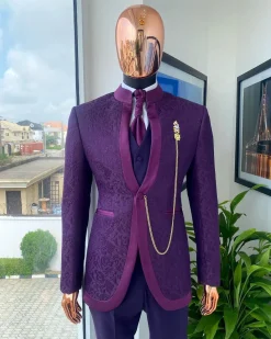 A “Pope” tapeless eggplant purple single button bishop neck suit