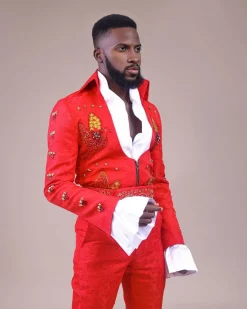 A “Presley (16 – 08 – 1977) ” red Jacquard with metallic wire and Swarovski buttons embroidery costume top