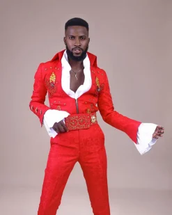 A “Presley (16 – 08 – 1977) ” red Jacquard with metallic wire and Swarovski buttons embroidery costume top