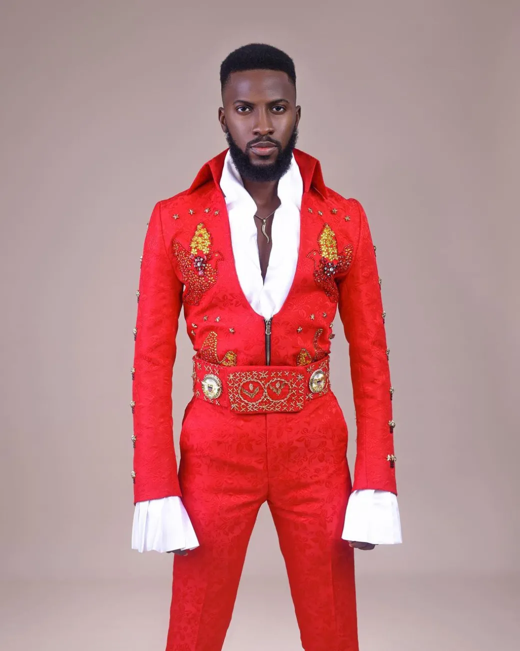 A “Presley (16 – 08 – 1977) ” red Jacquard with metallic wire and Swarovski buttons embroidery costume top