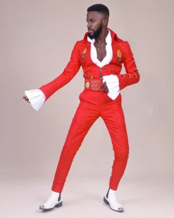 A “Presley (16 – 08 – 1977) ” red Jacquard with metallic wire and Swarovski buttons embroidery costume top