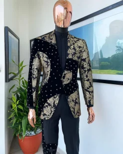 A “Prodigal” dispersed Black and splashed champagne gold suit, Layered black velvet with ss20 mixed Swarovski