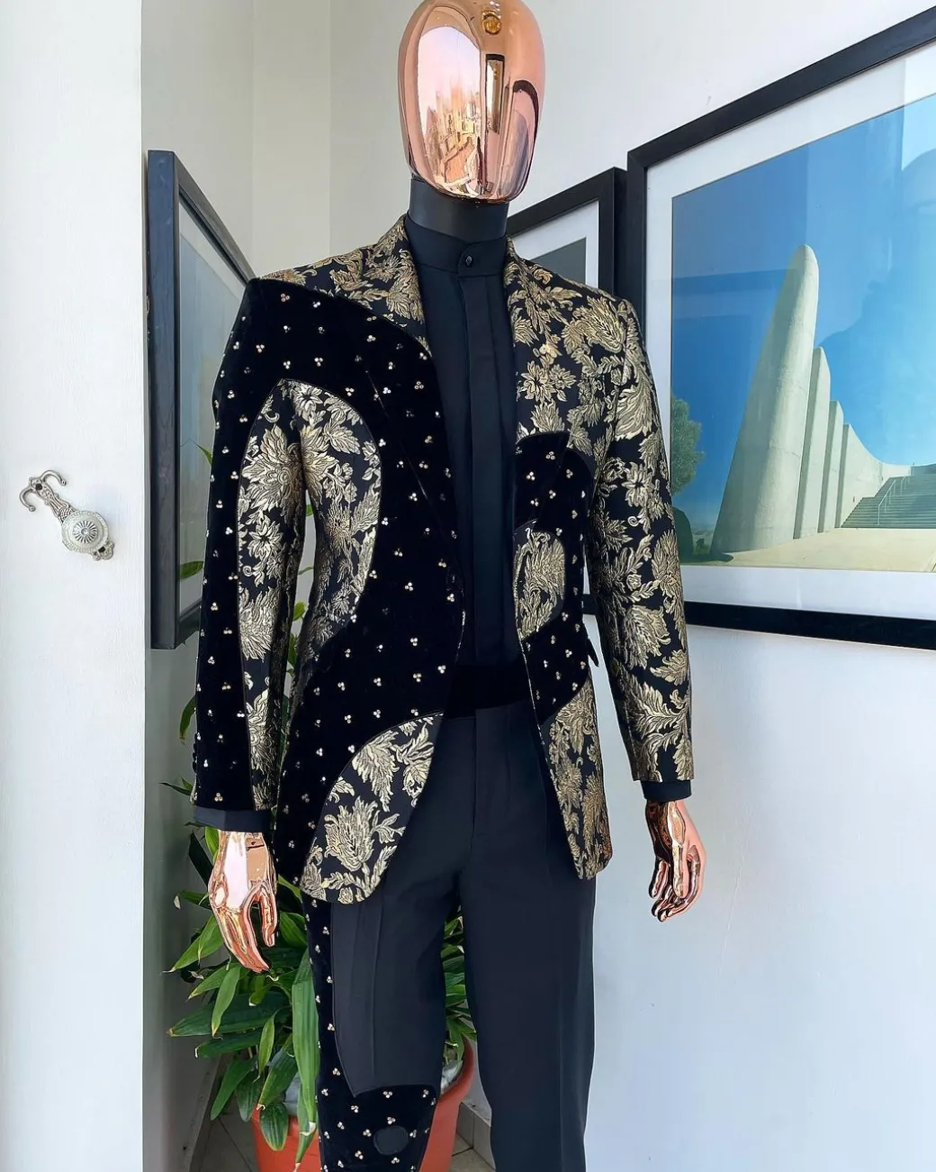 A “Prodigal” dispersed Black and splashed champagne gold suit, Layered black velvet with ss20 mixed Swarovski