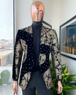 A “Prodigal” dispersed Black and splashed champagne gold suit, Layered black velvet with ss20 mixed Swarovski