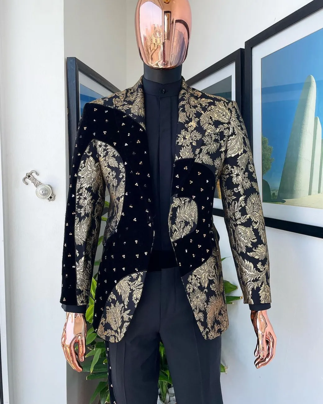 A “Prodigal” dispersed Black and splashed champagne gold suit, Layered black velvet with ss20 mixed Swarovski