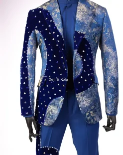A “Prodigal” dispersed Sky blue and splashed champagne gold metallic jacquard suit