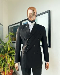 A “quad” charcoal black, 8 button, knitted,Peak lapel “4” breasted suit