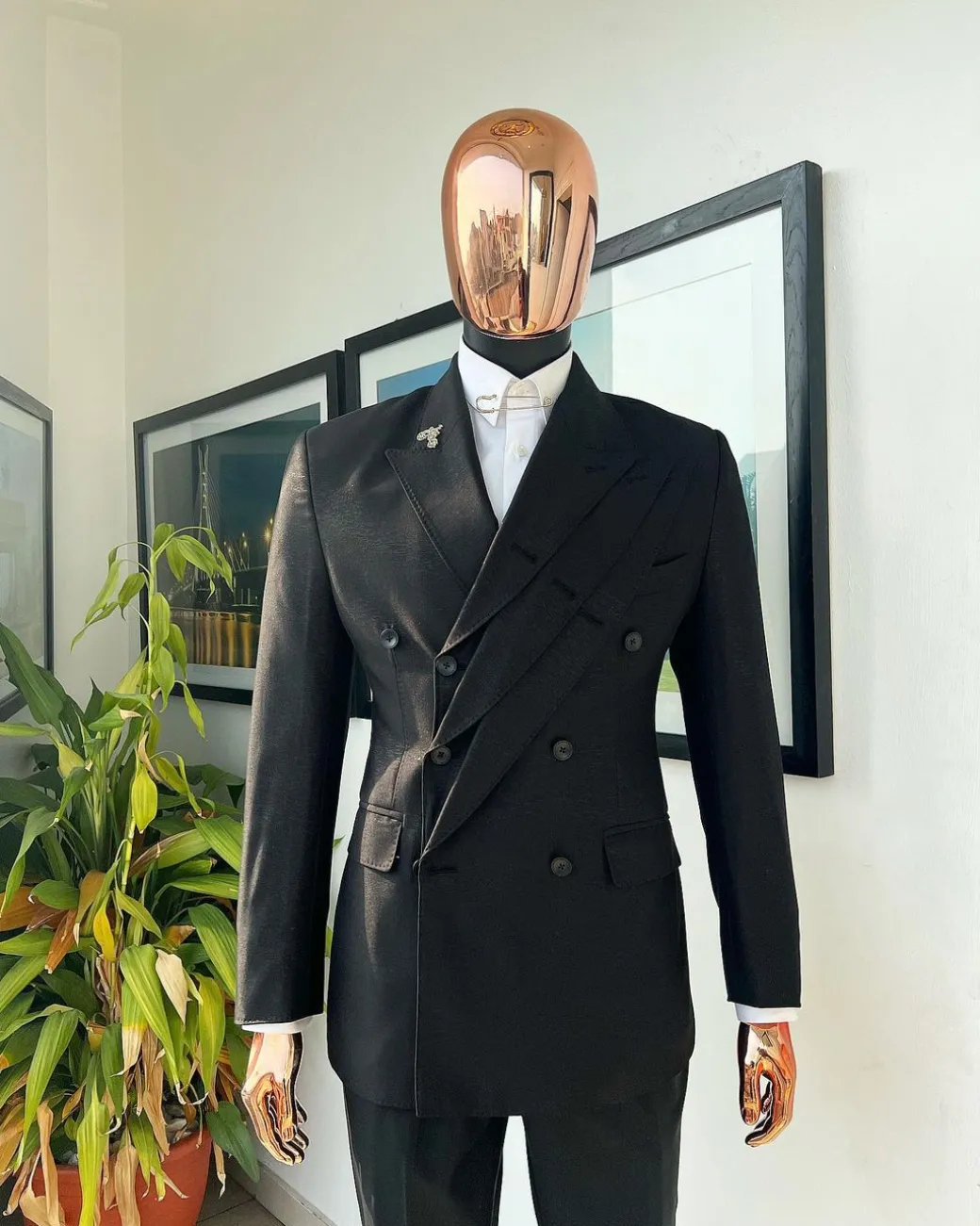 A “quad” charcoal black, 8 button, knitted,Peak lapel “4” breasted suit