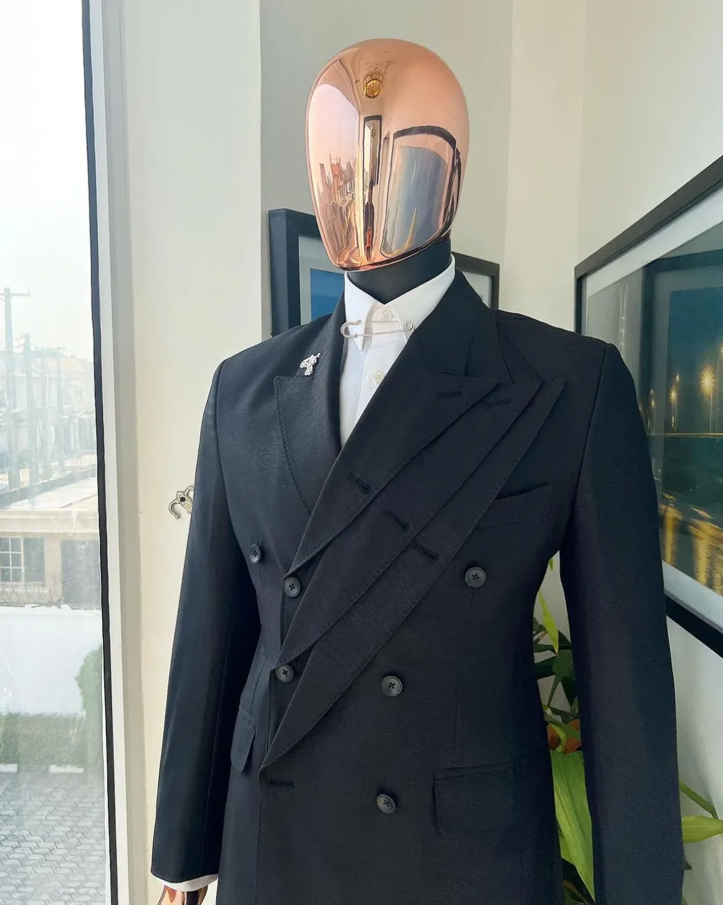 A “quad” charcoal black, 8 button, knitted,Peak lapel “4” breasted suit