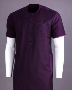 A Raisin purple, front flap with matching Swarovski crystal button, SS30 Swarovski stones, 3/4 sleeve African senator kaftan native.