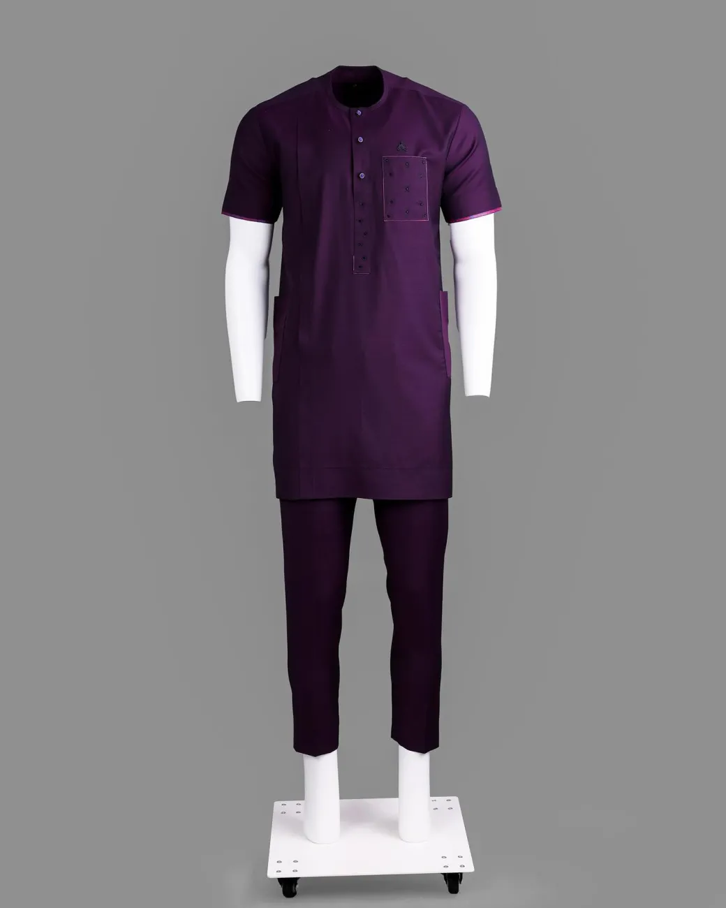A Raisin purple, front flap with matching Swarovski crystal button, SS30 Swarovski stones, 3/4 sleeve African senator kaftan native.